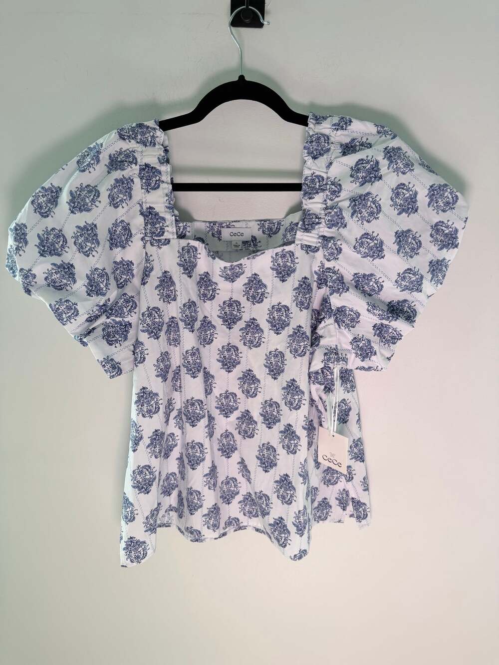NWT CeCe Floral Damask Square Neck Puff Sleeve Top-Size XL